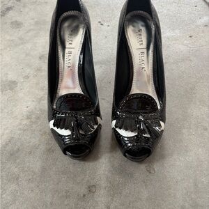 White House Black Market Black Patent Leather Heels with Ruffle Detail